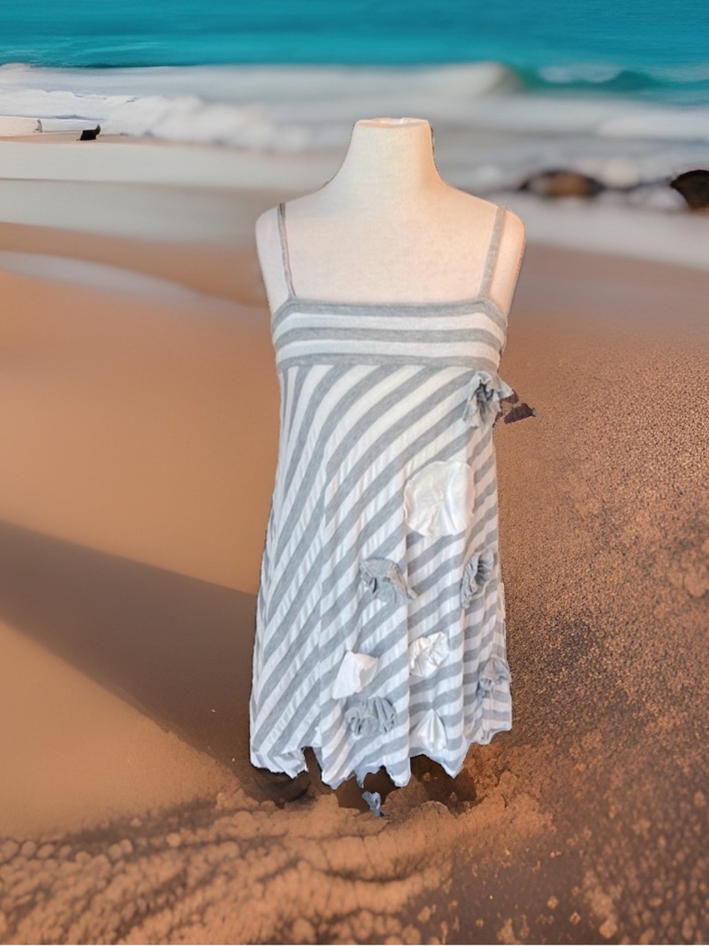 Pixie Girl Vicki Sigg Summer Dress Gray Stripe Knit Spaghetti Strap Girls 14